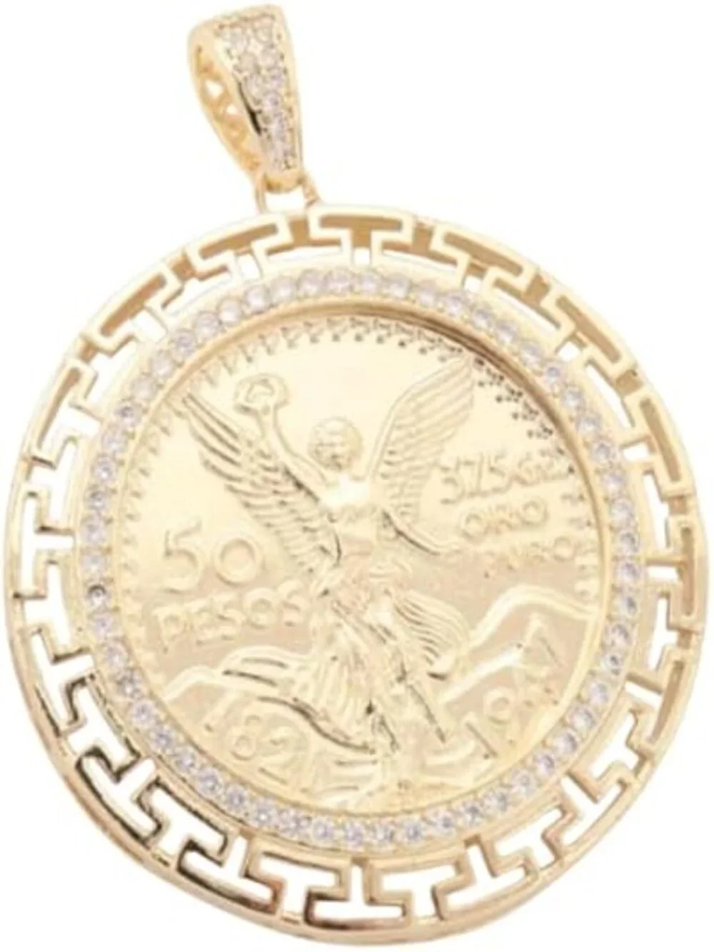 14K GP Mexican Centenario 50 CZ Pendant with Figaro Link Chain 24